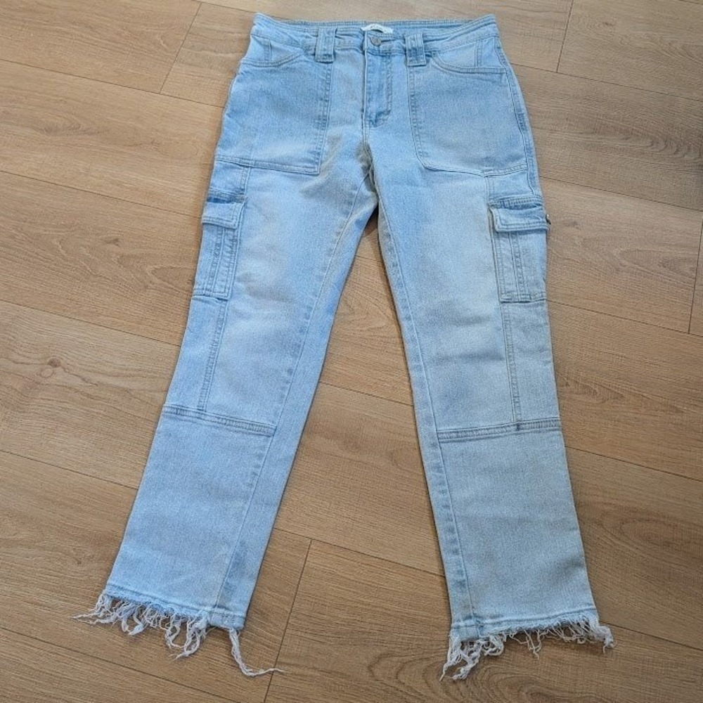 Kancan Juniors 7 Winston High Rise Cargo Slim‎ Straight Light Wash Raw Hem Jeans